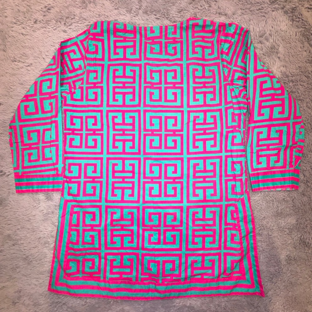 Gretchen Scott Women's Small Pink Turquoise Greek Key V-Neck Tunic Top Resort - Picture 11 of 13
